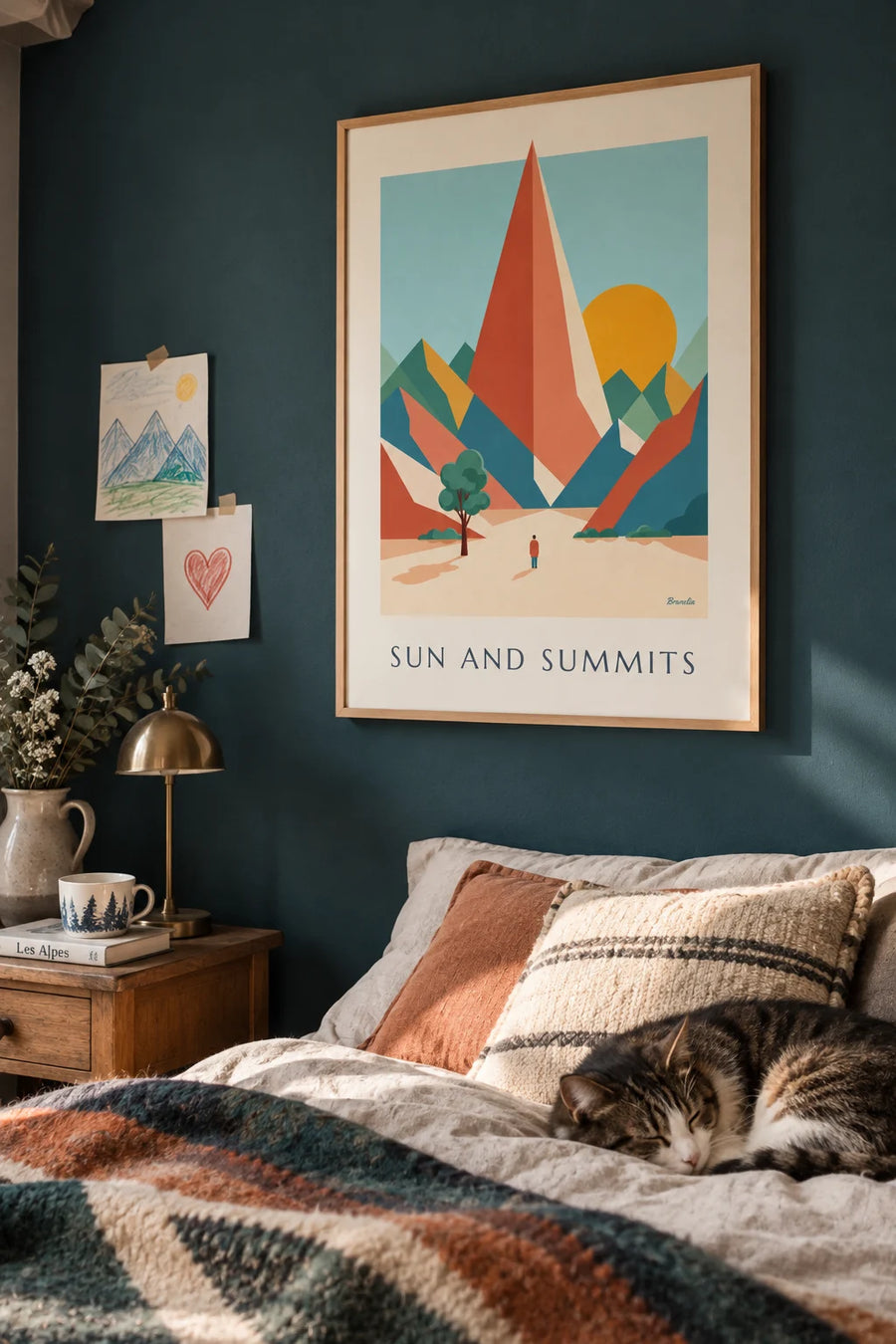 Poster of geometric mountains under a big round sun: framed on the wall