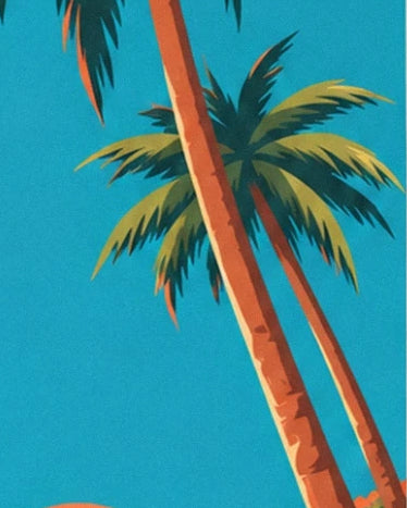 The orange palm trunks and green fronds against the turquoise sky