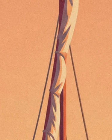 The pale sail folded against the red mast, among ropes on an orange background