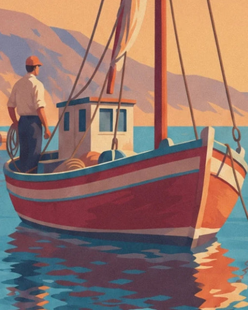 The fisherman aboard the red boat, between ropes and a white cabin