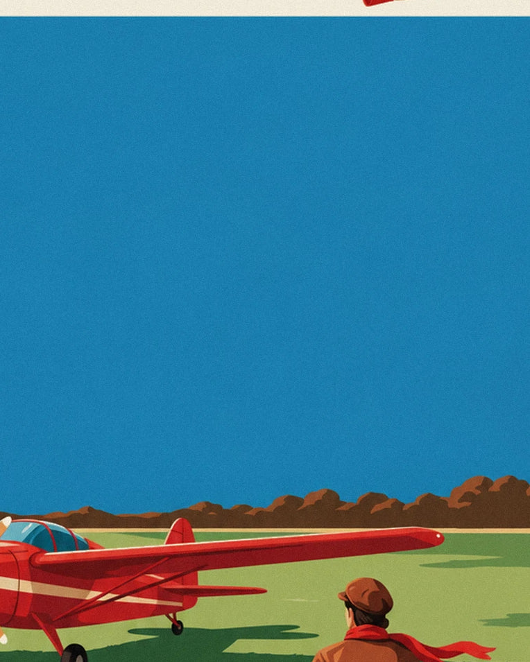 Aviator and red propeller plane on a grass airstrip poster: close-up detail