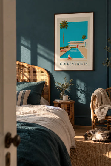 White modernist villa with pool and palm trees poster: framed on the wall