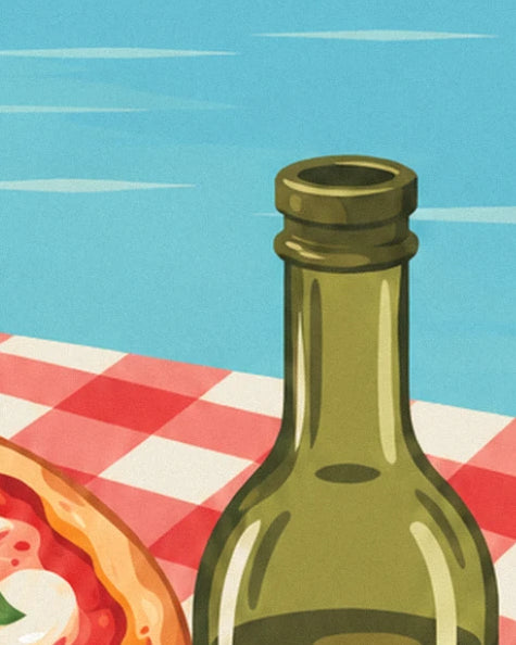 A green bottle of oil on the red and white checked tablecloth, in front of the turquoise sea