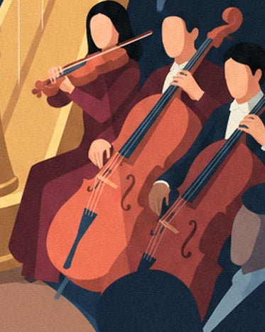 The musicians in burgundy with their orange violin and cellos