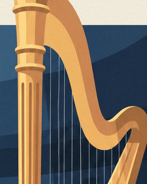 The large golden harp, its fine strings and carved column against a blue background