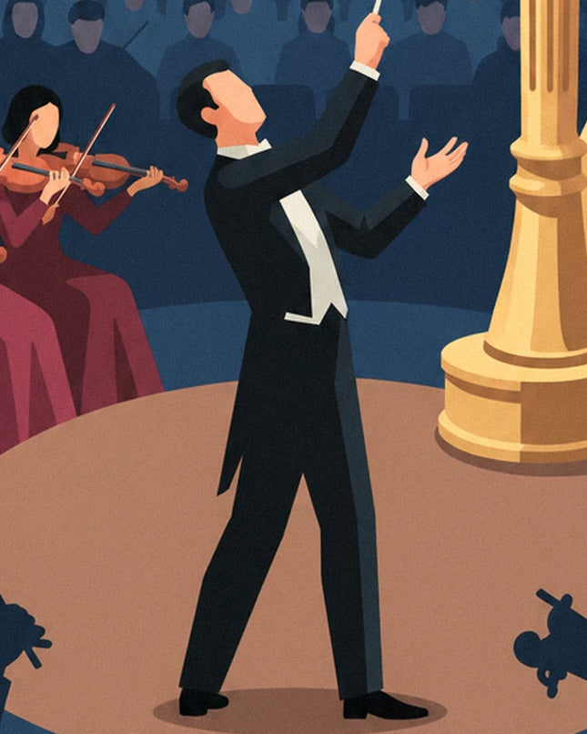 The conductor in black tails, baton raised, facing the violinists