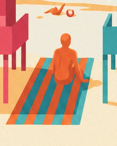 An orange figure sitting on a striped towel, between the pink and turquoise huts