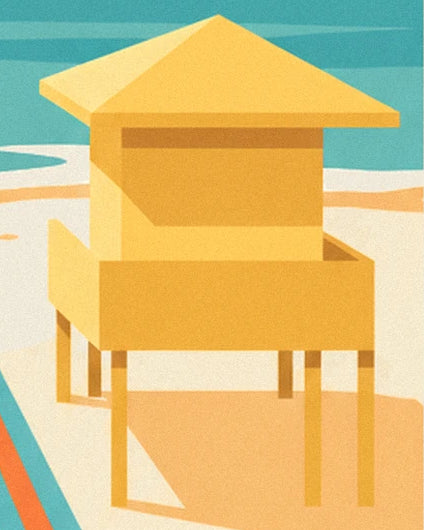 The yellow lifeguard hut on stilts, facing the turquoise sea at Miami Beach