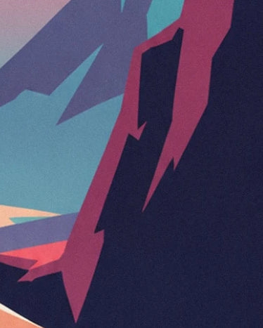 An angular midnight blue cliff with purple edges in a turquoise landscape