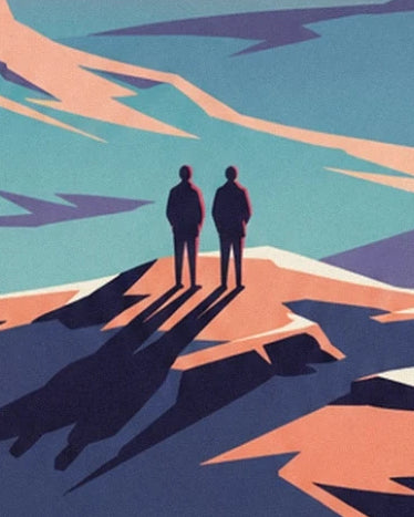 The 2 figures and their long shadows on pink and blue alien ground