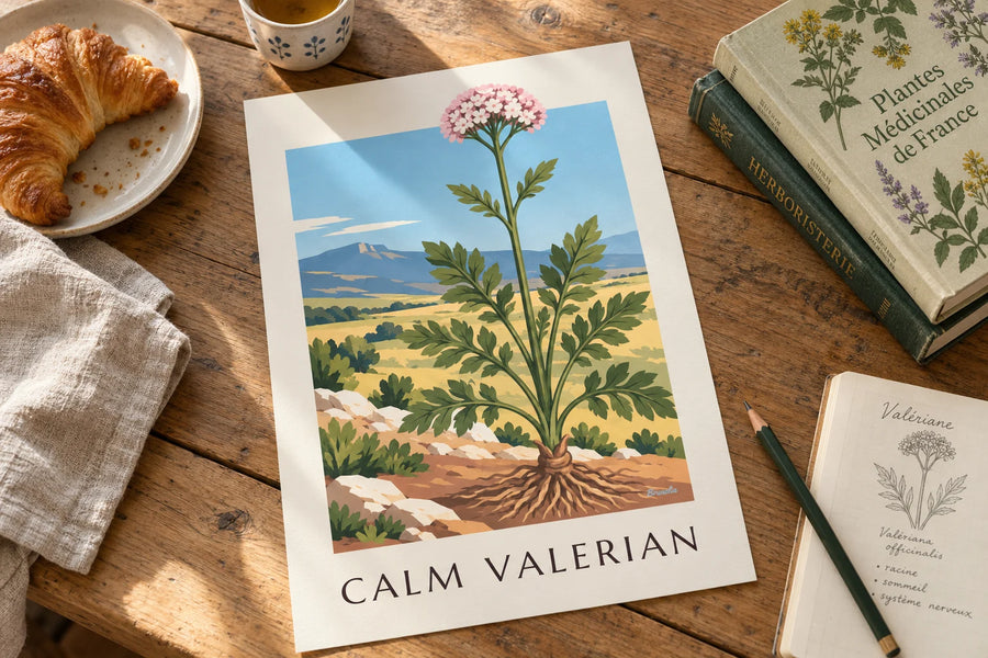 Affiche valériane officinale plante médicinale : posée sur une table