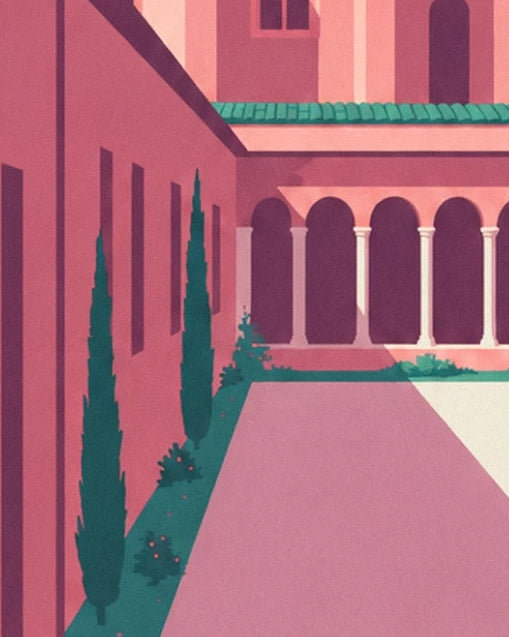 Les arcades du cloître au bout d’une allée rose bordée de cyprès