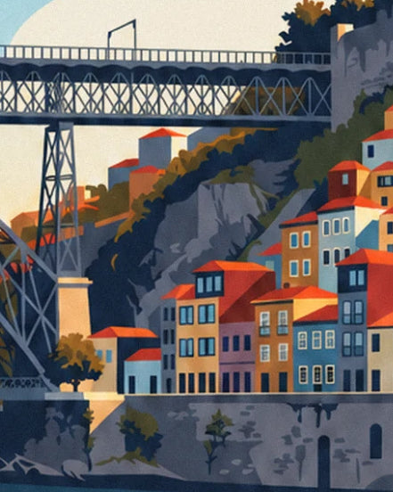 The colourful houses of Ribeira with orange roofs beneath the bridge deck