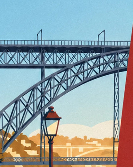 The bridge's metal arch, a street lamp with a red lantern and ochre roofs on the hillside
