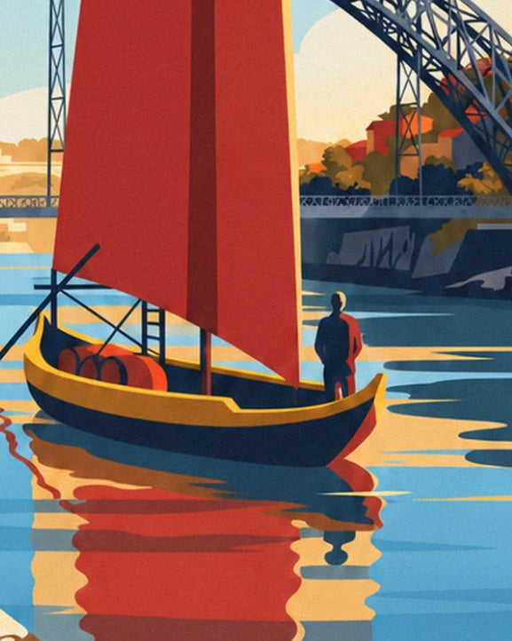 The rabelo boat with its red sail, barrels and standing sailor on the Douro