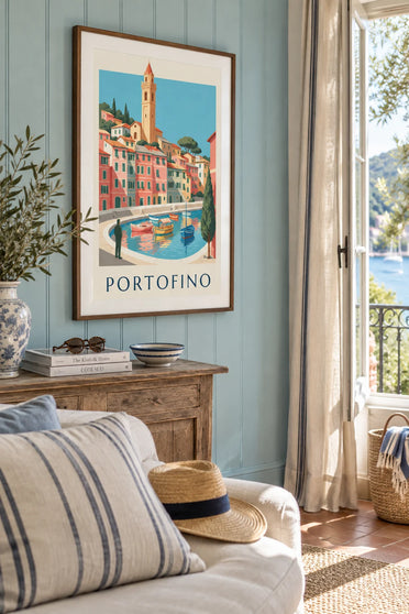 Affiche bateaux colorés dans le port de Portofino : encadrée au mur