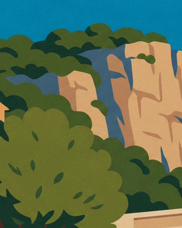 The ochre cliffs and their bluish shadows among the green foliage