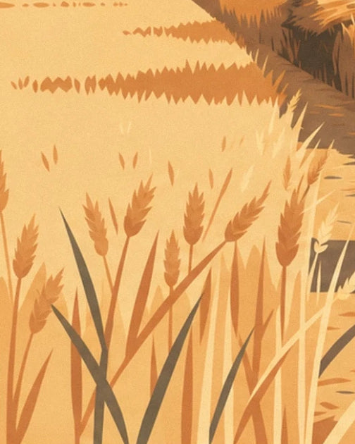 Les épis de blé doré aux longues feuilles sombres, au bord du chemin