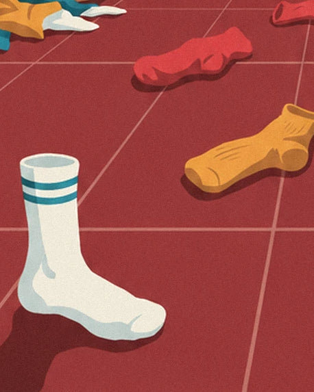 The white sock with blue stripes standing among yellow and red socks