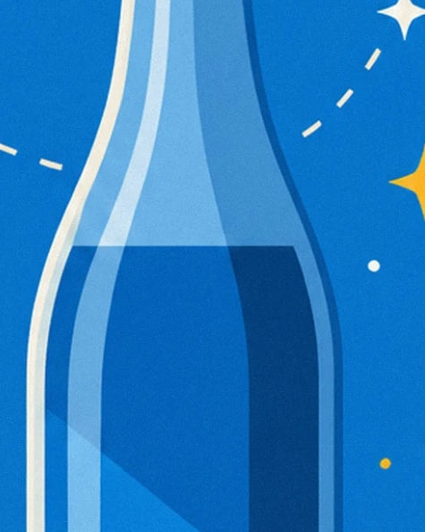 Un long flacon de potion bleu foncé entouré de petites étoiles et de points colorés