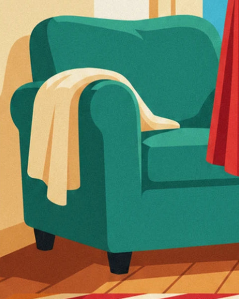 The emerald green armchair with a cream throw draped over the armrest, beside the window