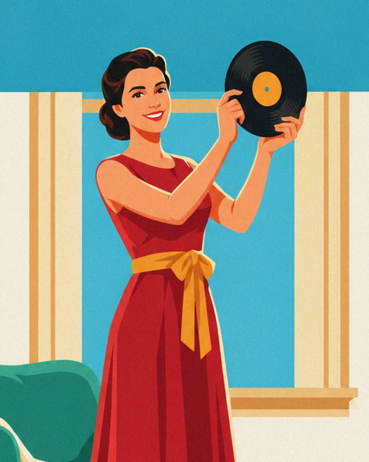 The smiling woman in a red dress with a yellow belt, holding up a vinyl record