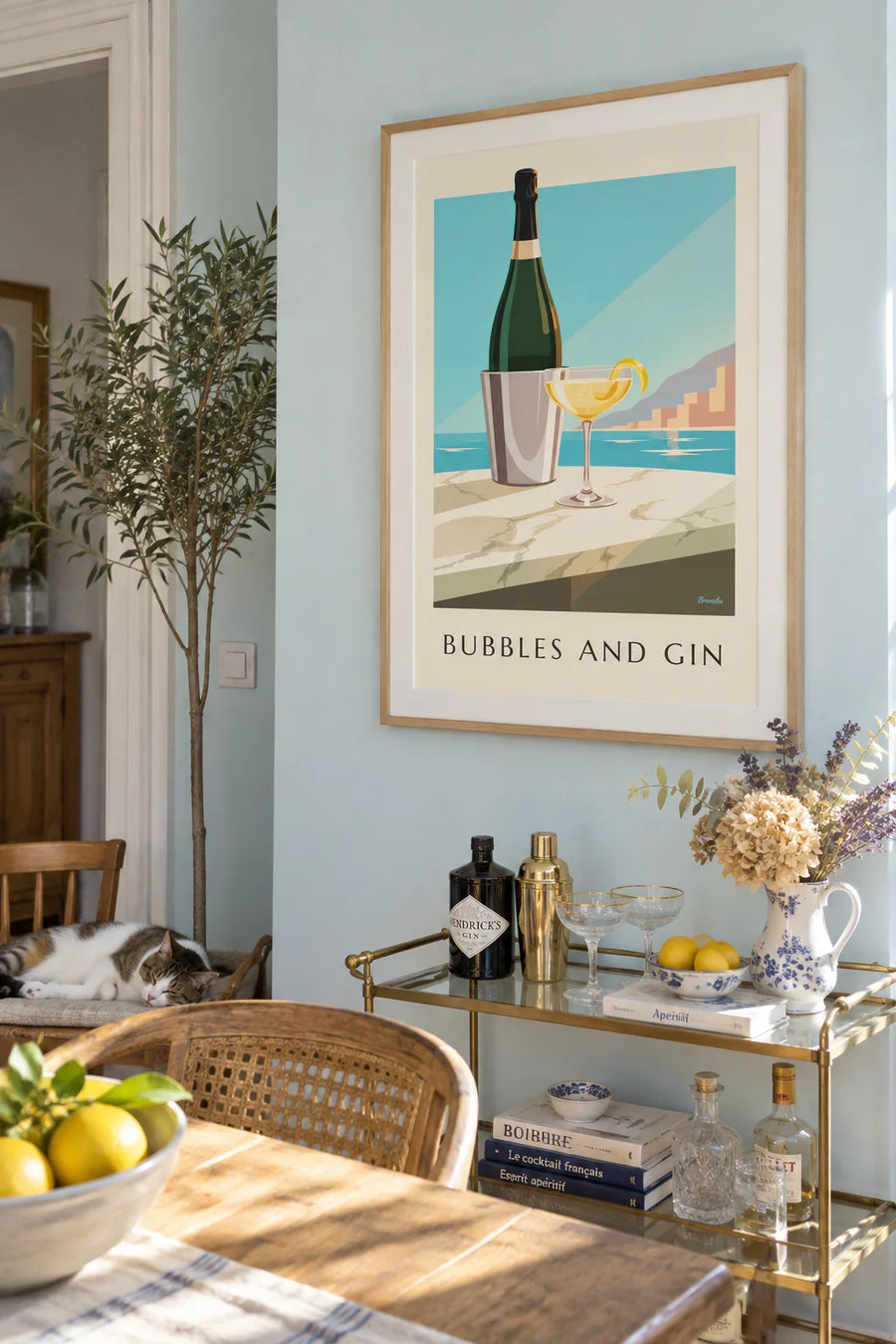 French 75 cocktail served in a champagne coupe poster: framed on the wall