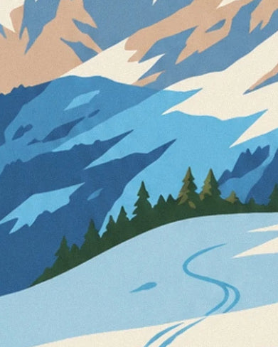 La trace sinueuse dans la neige au pied des sapins verts et des montagnes bleues