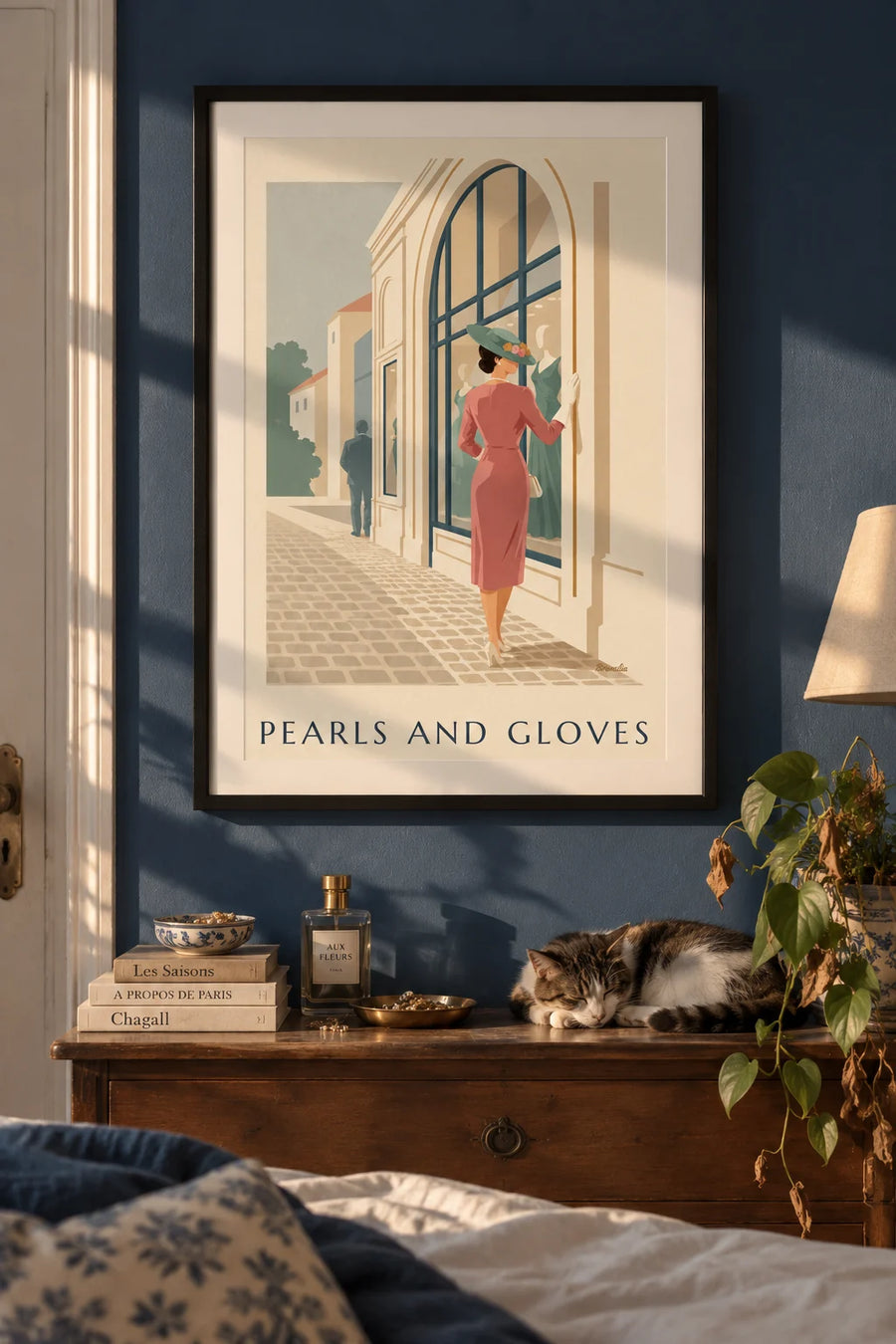 Poster of a woman in a flowered hat, long gloves and pearls: framed on the wall