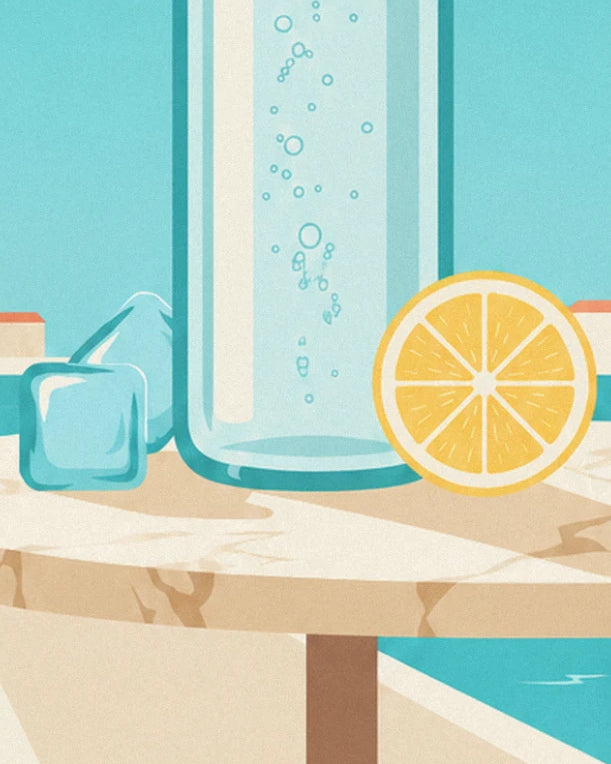 La rondelle de citron et les glaçons au pied de la bouteille sur la table