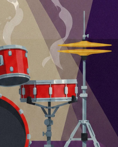 The 2 golden hi-hat cymbals and the red snare drum on their stands