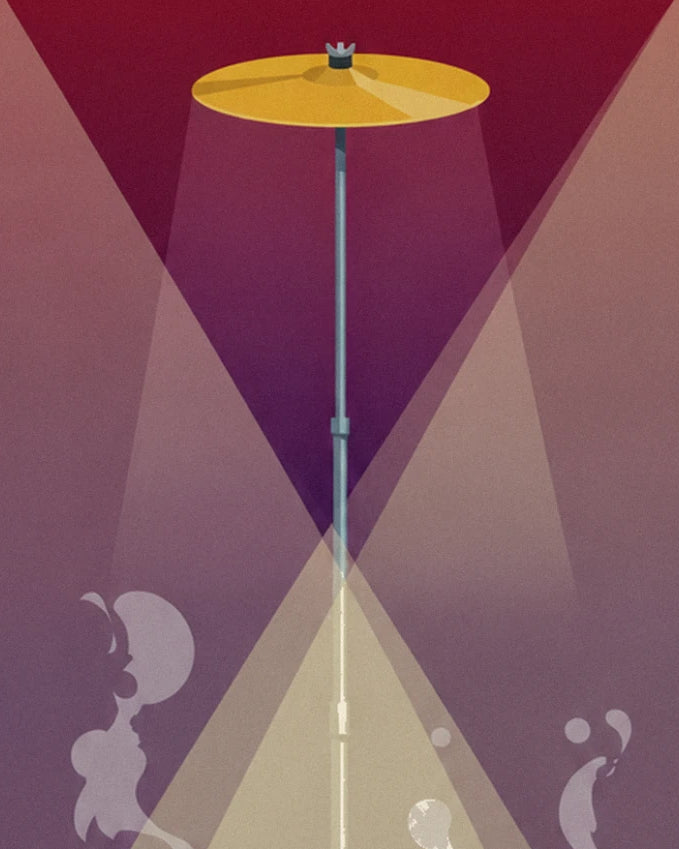 A golden cymbal on its tall stand, between pink and beige beams of light