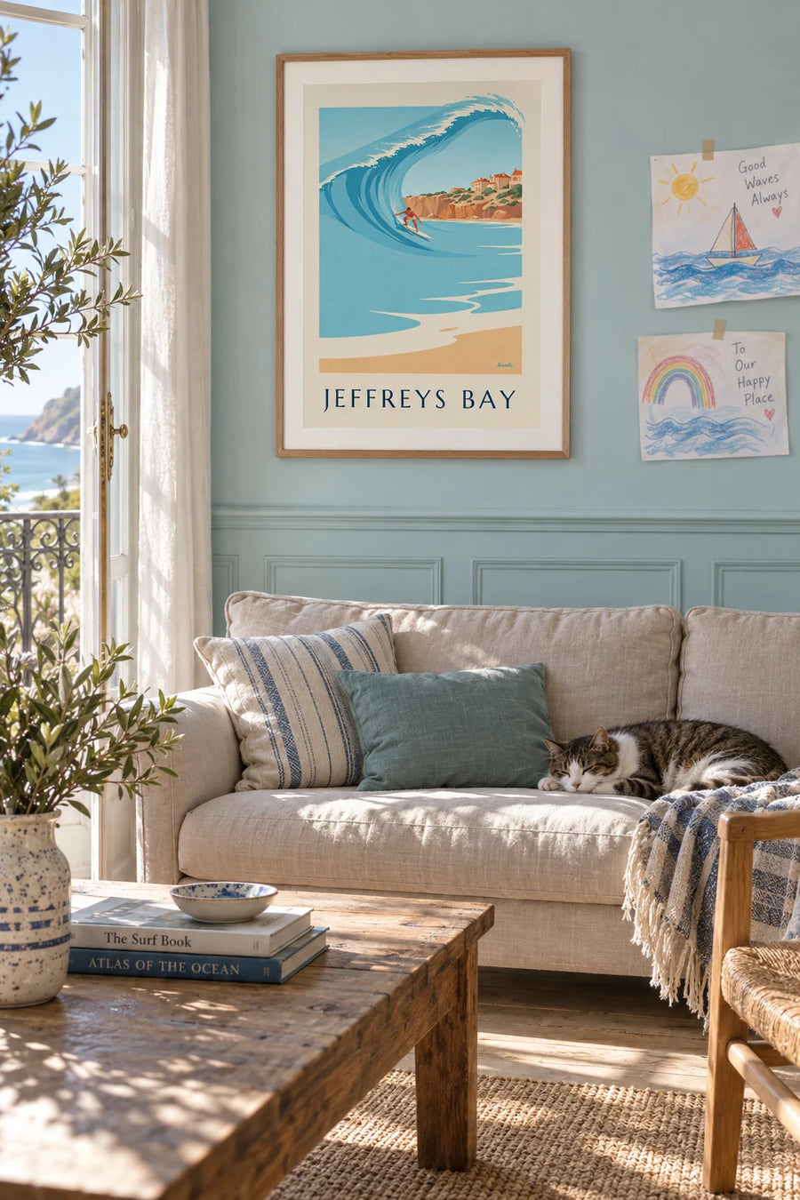 Affiche surfeur sur la vague de Jeffreys Bay : encadrée au mur