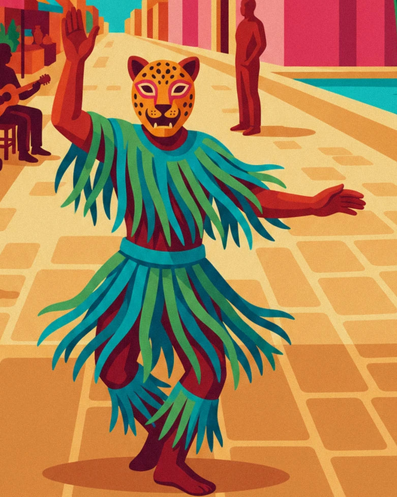 Le danseur au masque de jaguar et son costume à franges vertes sur la place