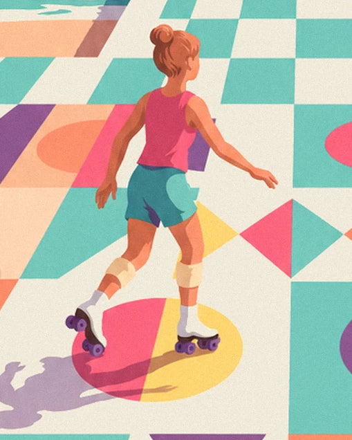 The skater in a pink vest top and turquoise shorts on the pier with geometric patterns