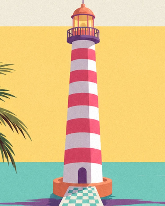 The pink and white striped lighthouse with its orange lantern and chequered approach