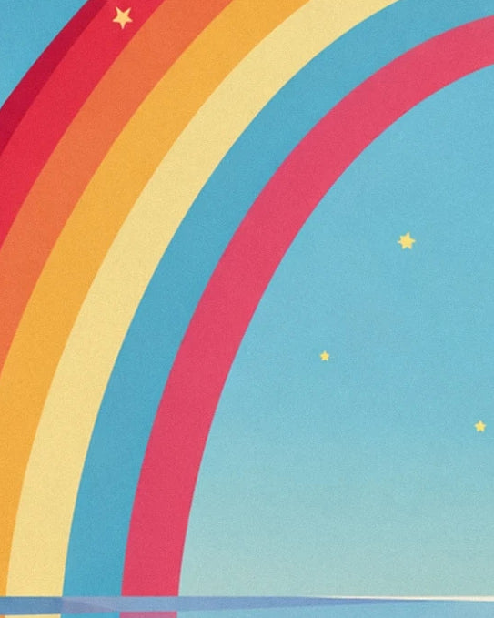 A rainbow with broad colourful bands and little stars on a blue background