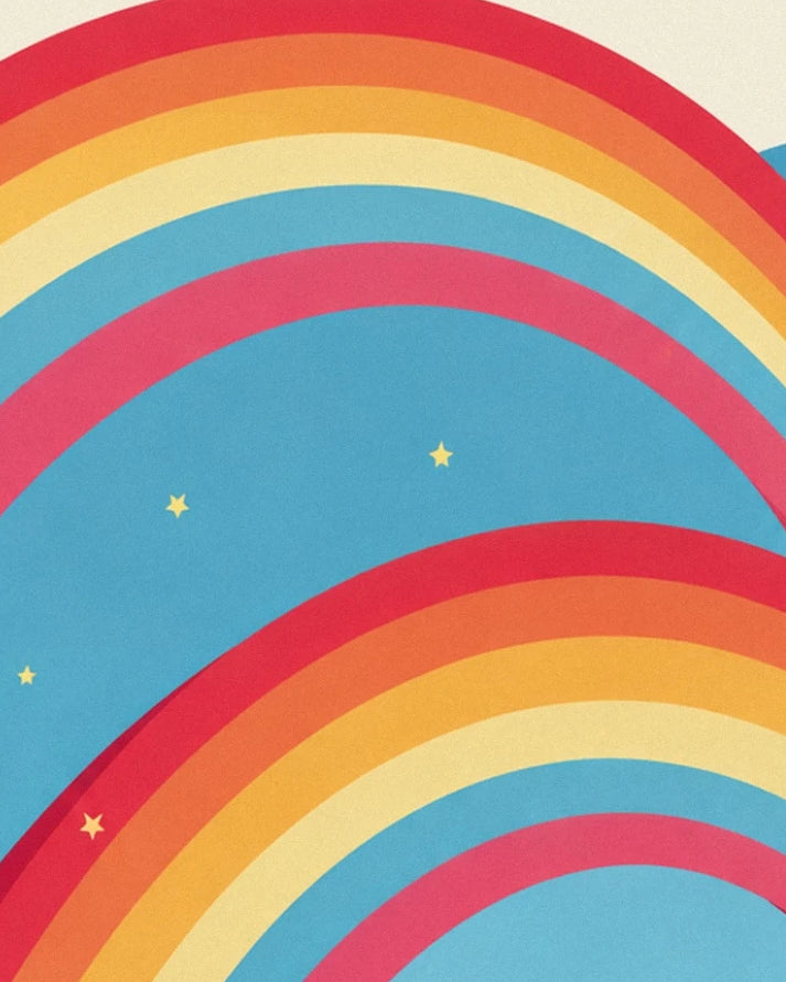 The curves of 2 red, orange and yellow rainbows among the stars