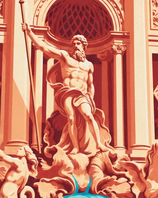 Bearded Neptune with his arm raised in front of the cream columns of the fontaine de Trevi
