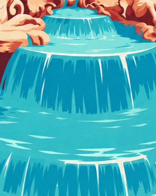 The turquoise cascades of the fontaine de Trevi, bordered by ochre-toned rocks