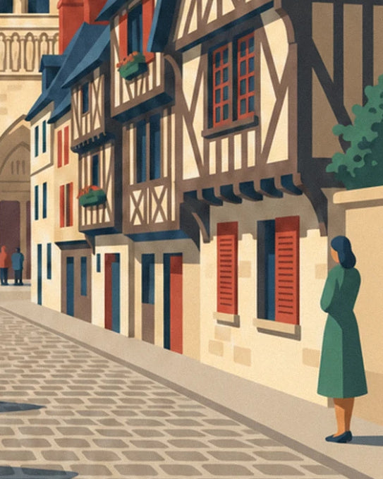 The woman in a green coat in front of the half-timbered houses with red shutters