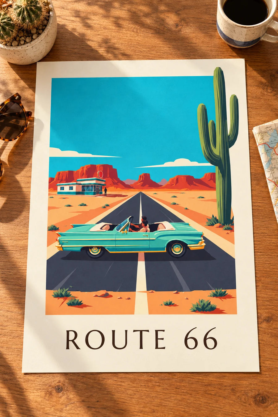 Poster of a car on Route 66 in the American desert: resting on a table