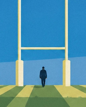 Un personnage en tenue sombre sous les hauts poteaux jaunes de rugby