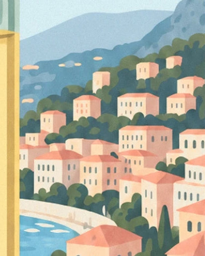 Houses with pastel façades between the trees, bay and hills