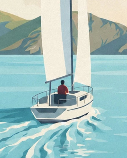 The white sailing boat, its sailor in red and its wake on the turquoise water