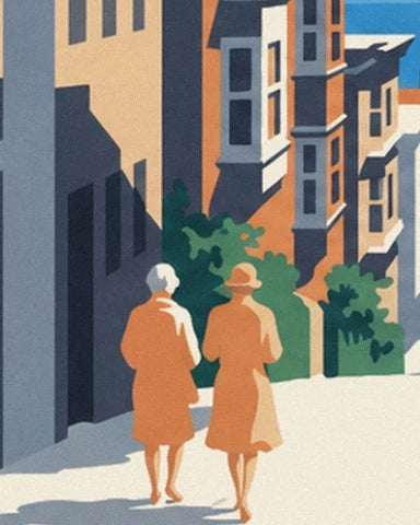 The 2 women walking in orange coats, between shaded façades and green bushes