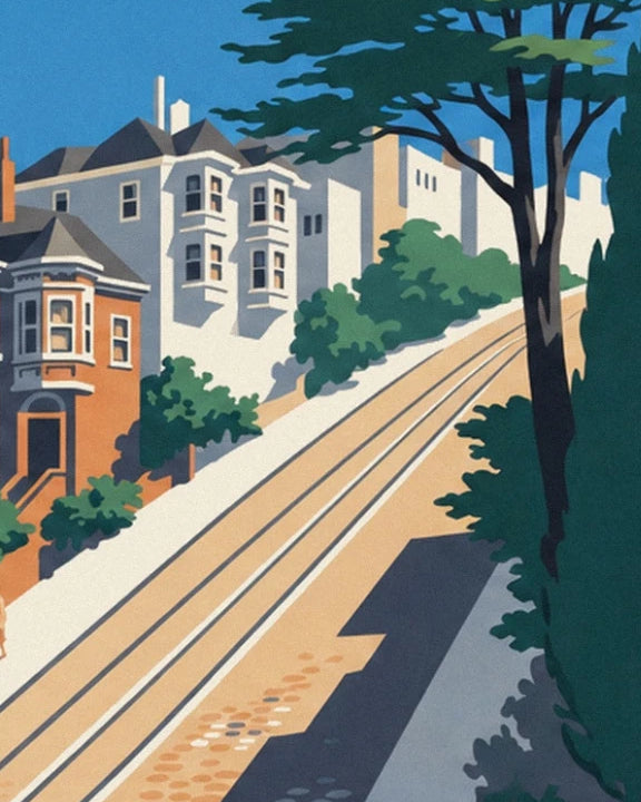 The rails on the steep street lined with houses with bay windows and tall trees