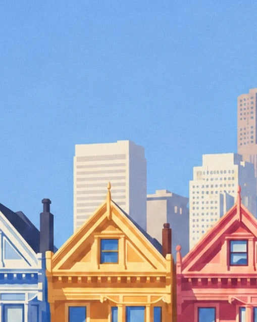 The yellow and red gables of the Victorian houses facing the city centre towers