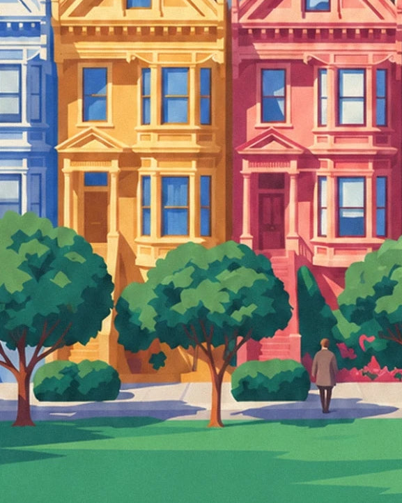 The mustard yellow and pink façades, with a walker in a coat on the lawn