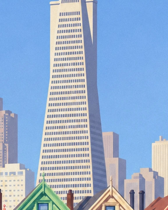 The white pyramid-shaped tower among the skyscrapers above the pointed rooftops
